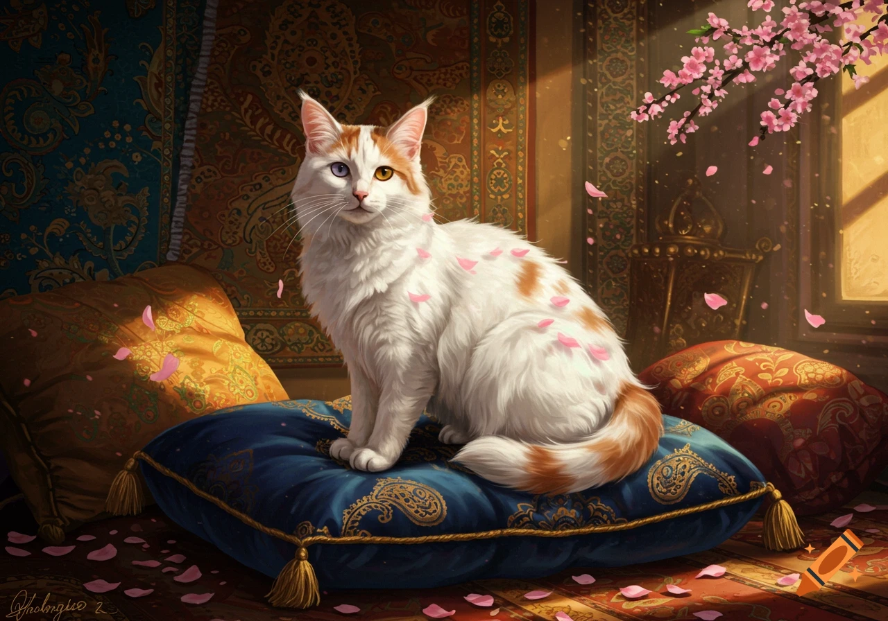 A white and orange Turkish Van cat with heterochromatic eyes sits on a blue cushion with gold patterns, amidst falling pink cherry blossoms.
