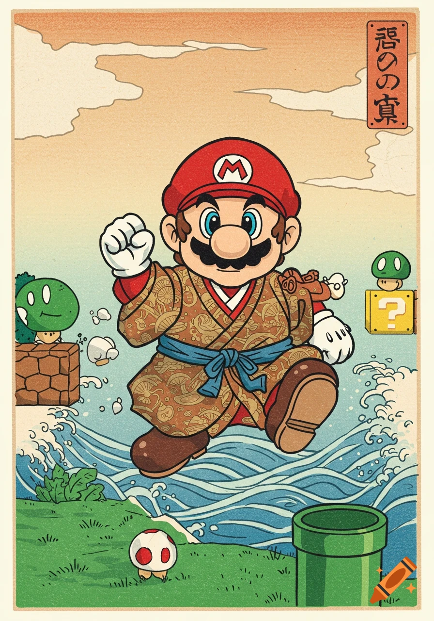 A stylized woodblock print depicts Mario in a kimono, jumping over blue waves. He has a determined expression. Various Mario-themed elements like a Goomba, question block, Toad, and a warp pipe are in the background. Japanese text is visible in the upper right corner.