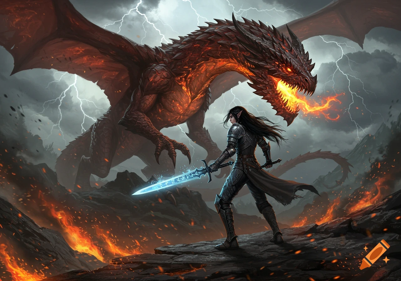 A warrior in armor with a glowing blue sword confronts a fire-breathing dragon under a stormy, lightning-filled sky.