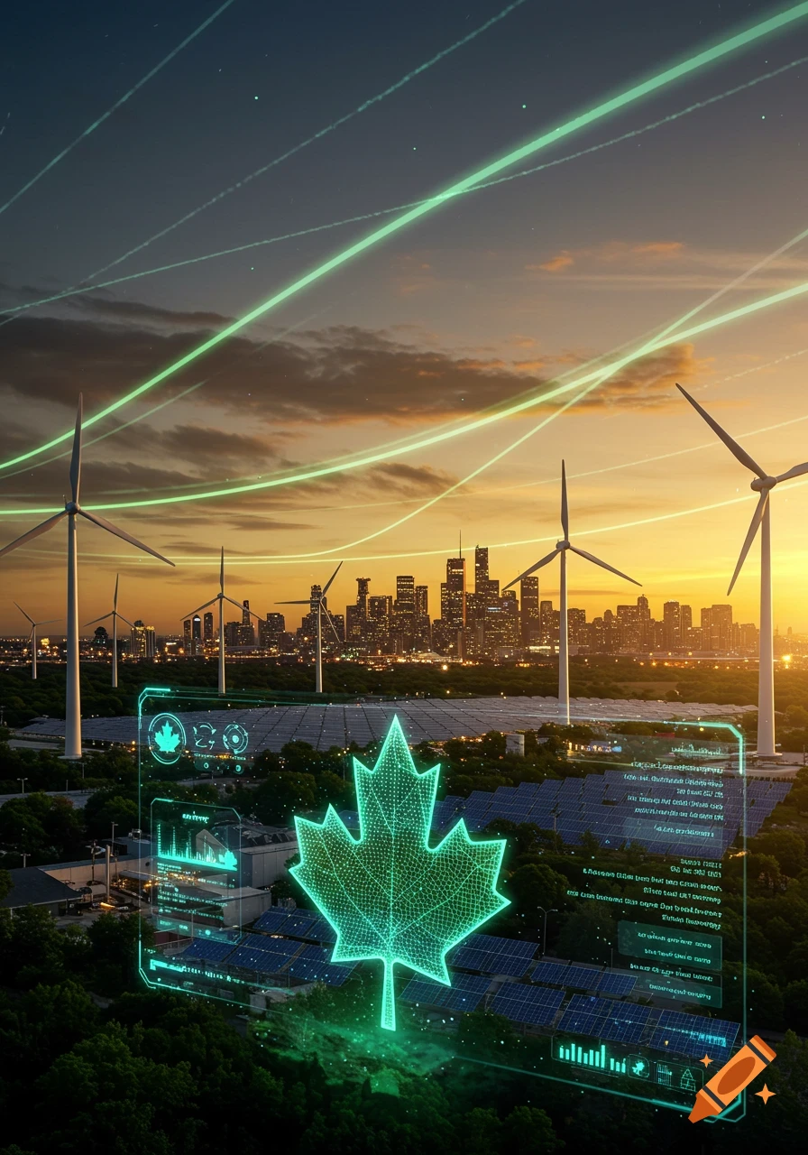 Futuristic Canadian cityscape at sunset with wind turbines, solar panels, and a glowing green wireframe maple leaf hologram.