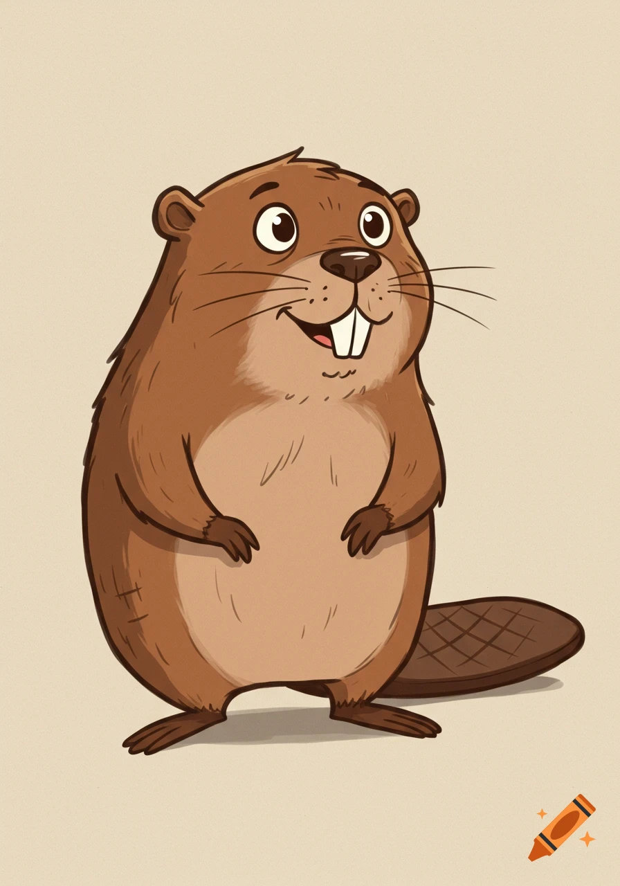 A friendly, brown cartoon beaver with buck teeth and big eyes, smiling.