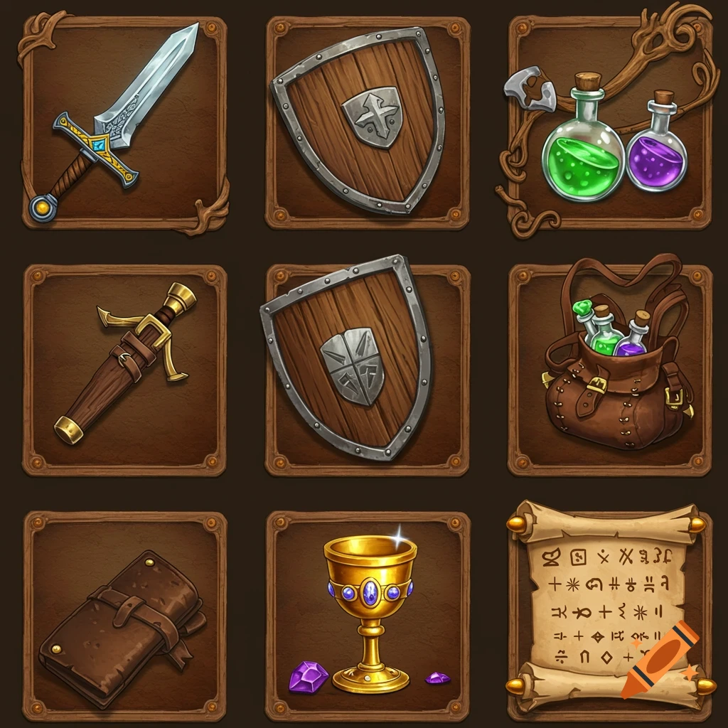 A grid of nine medieval game inventory icons, including swords, shields, potions, a leather book, a gold goblet, and a scroll with runes.