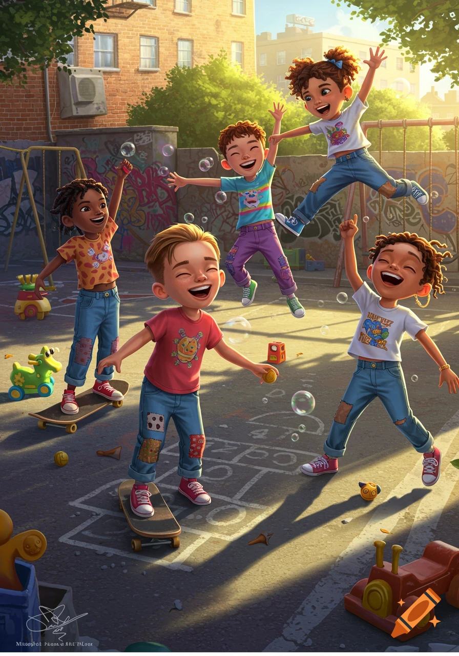 An illustration of five happy children playing outdoors in a sunny city street, with one girl jumping and others on skateboards or blowing bubbles. The background features brick buildings and graffiti-covered walls.