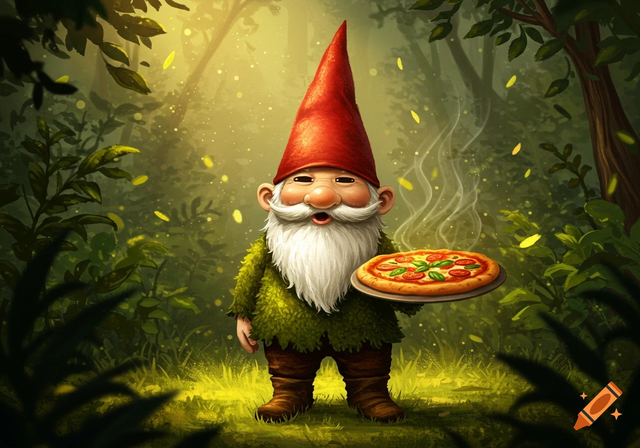 A cheerful gnome with a red hat and white beard holds a steaming pizza in a lush, stylized forest.