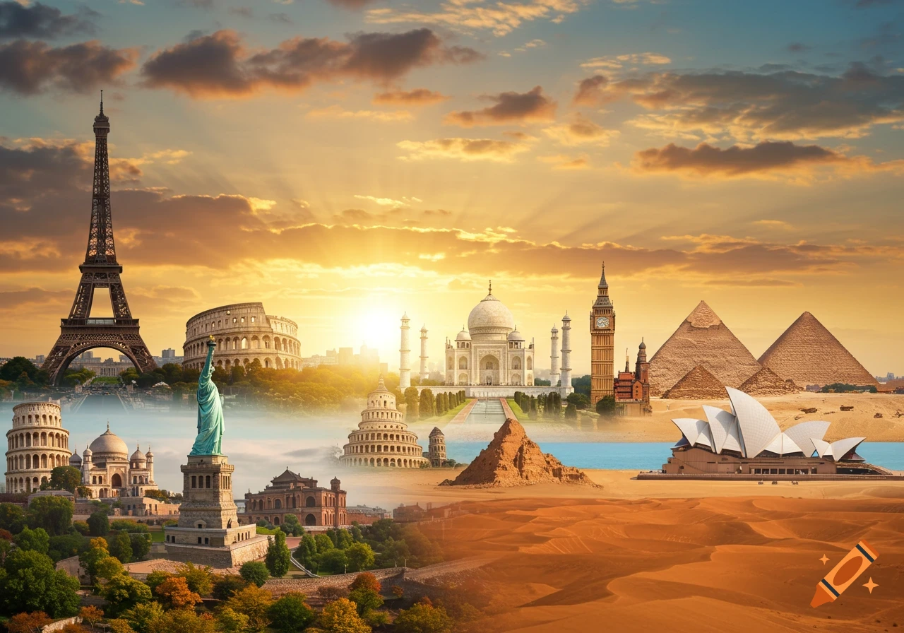 A vibrant sunset over a collage of world landmarks, including the Eiffel Tower, Colosseum, Statue of Liberty, Taj Mahal, Big Ben, Pyramids, and Sydney Opera House, spanning various landscapes.