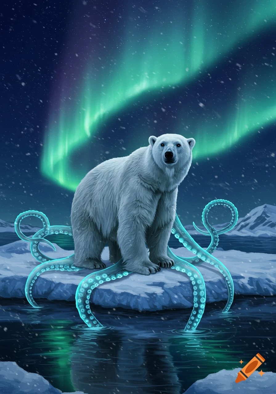 A white polar bear with glowing blue octopus tentacles stands on an ice floe under a vibrant green aurora borealis in a snowy arctic scene.