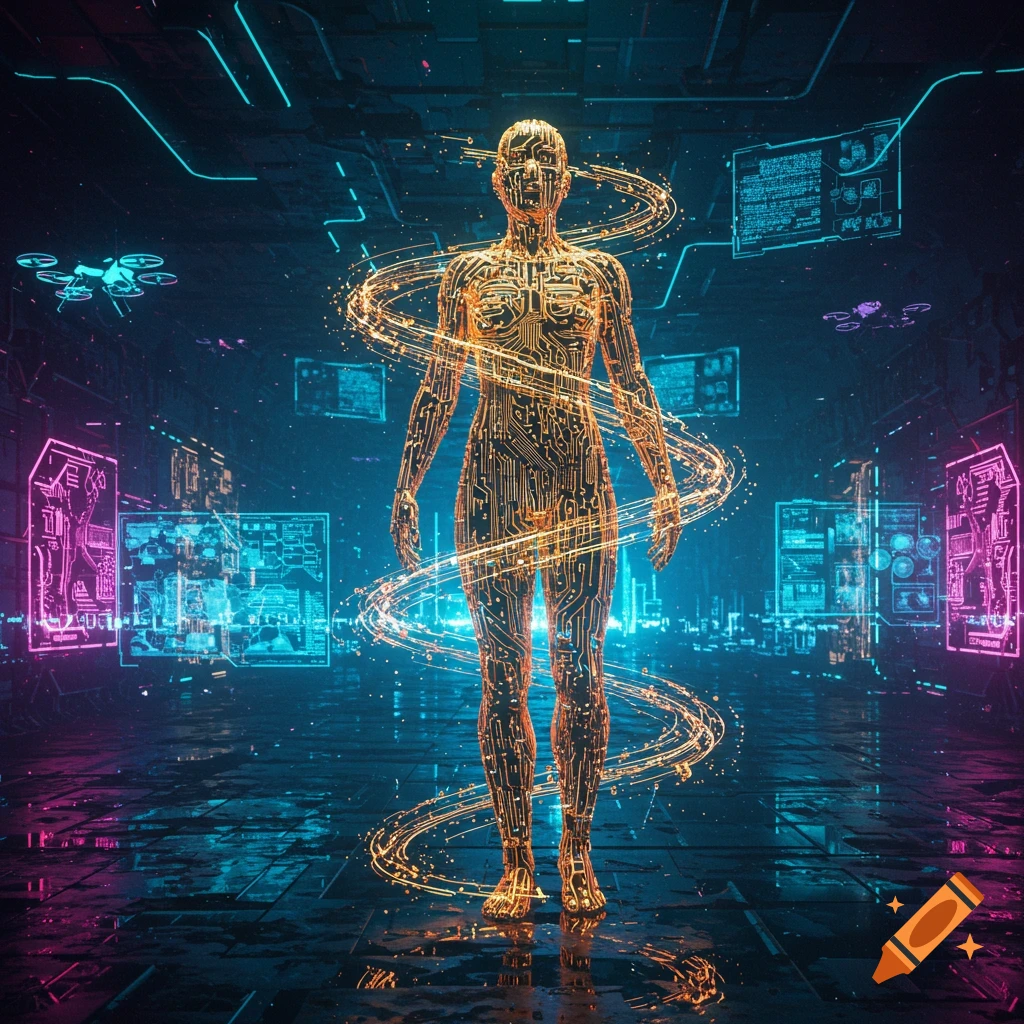A glowing circuit board human figure stands in a futuristic, neon-lit ...