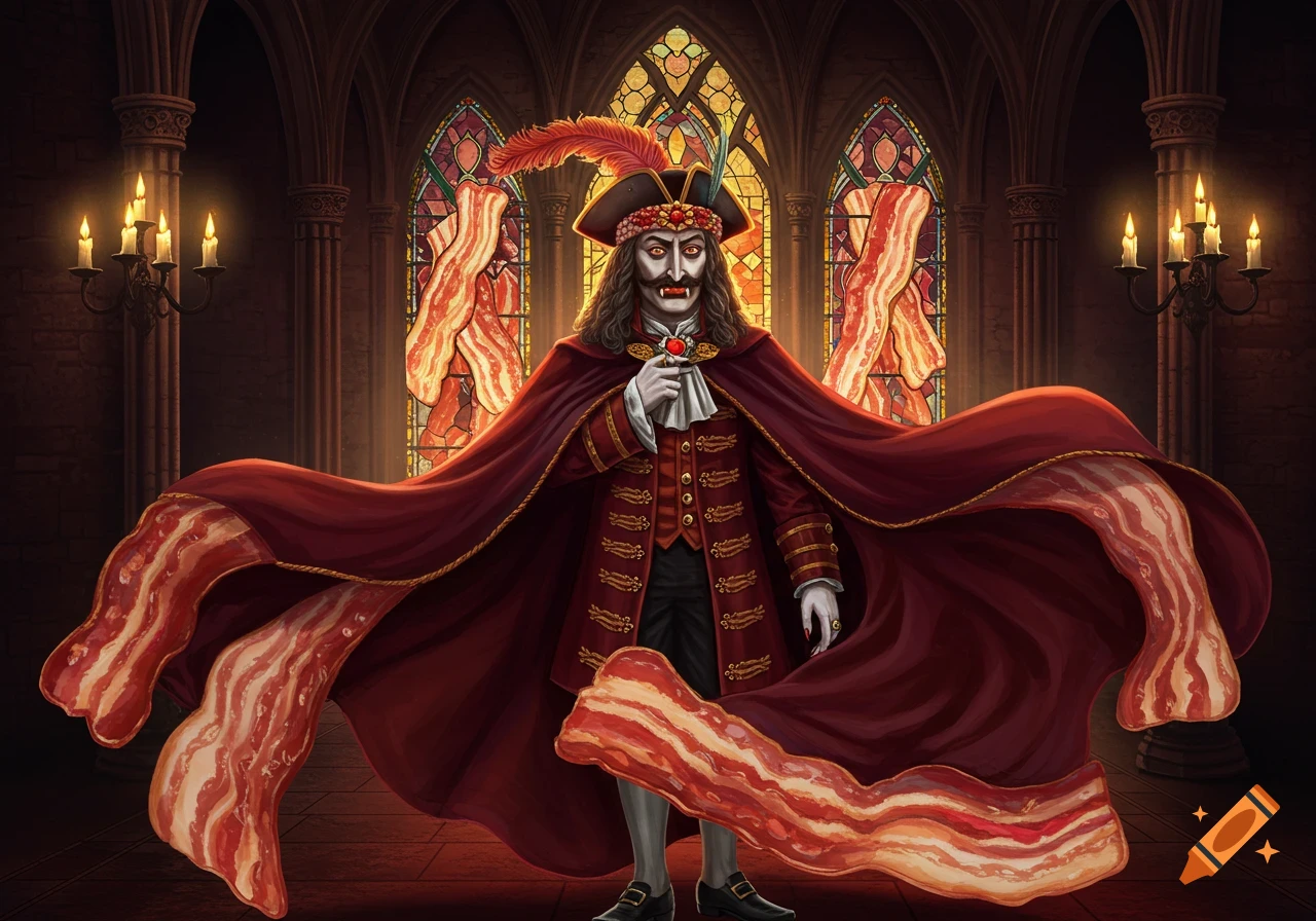 A vampire-like figure, Vlad the Baconsidion, in a gothic castle. He wears a red cape with bacon strips and holds a small red heart. Stained glass windows depict bacon.