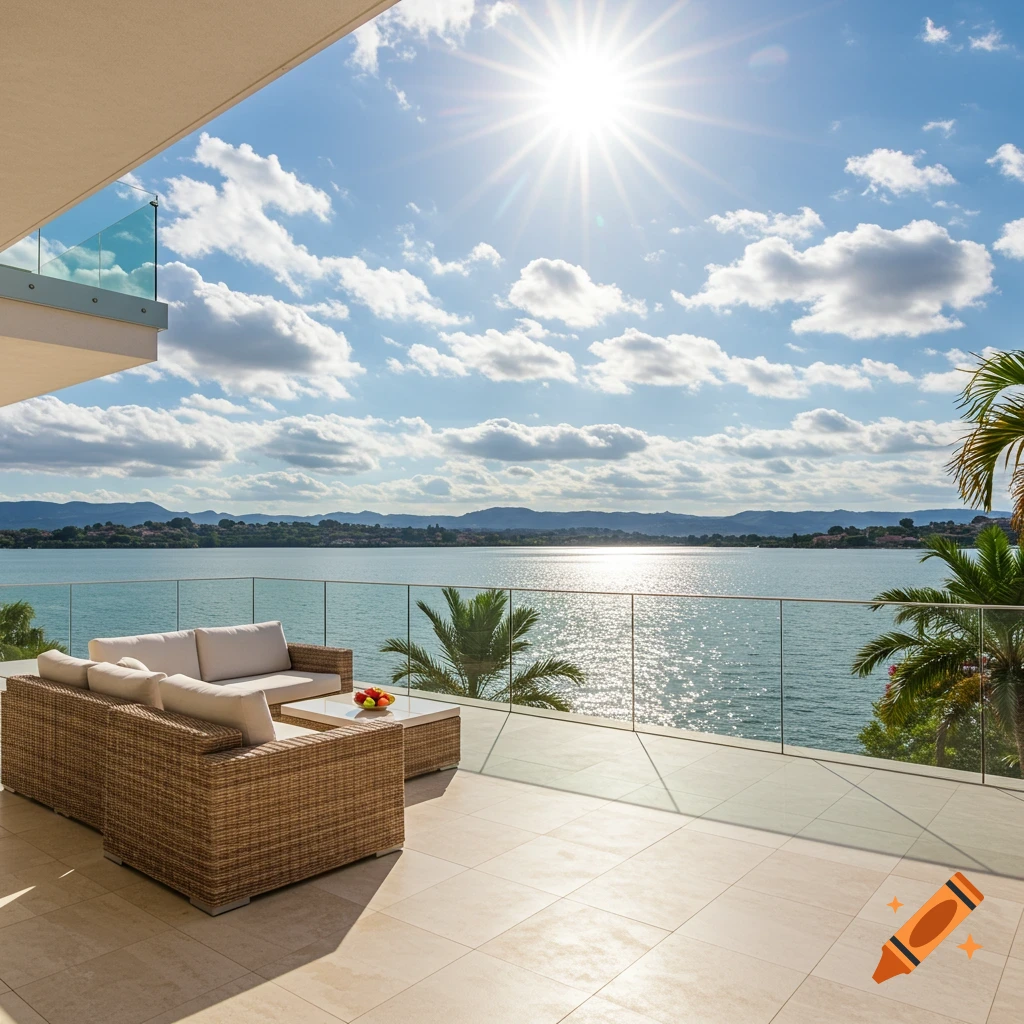 A sun-drenched modern terrace with wicker outdoor seating and glass railing overlooking a shimmering lake with mountains in the distance.
