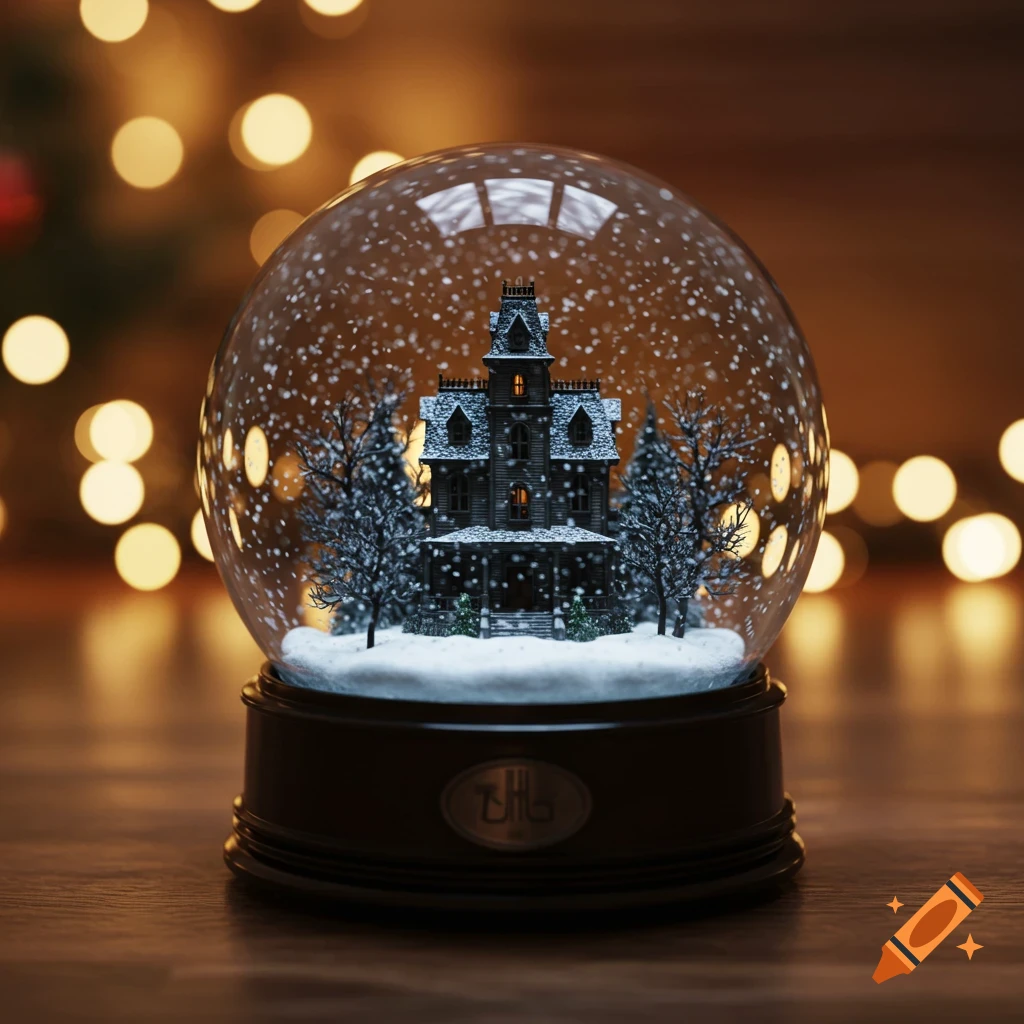 A photorealistic snow globe features a snowy haunted house and bare trees, with blurred golden Christmas lights in the background.