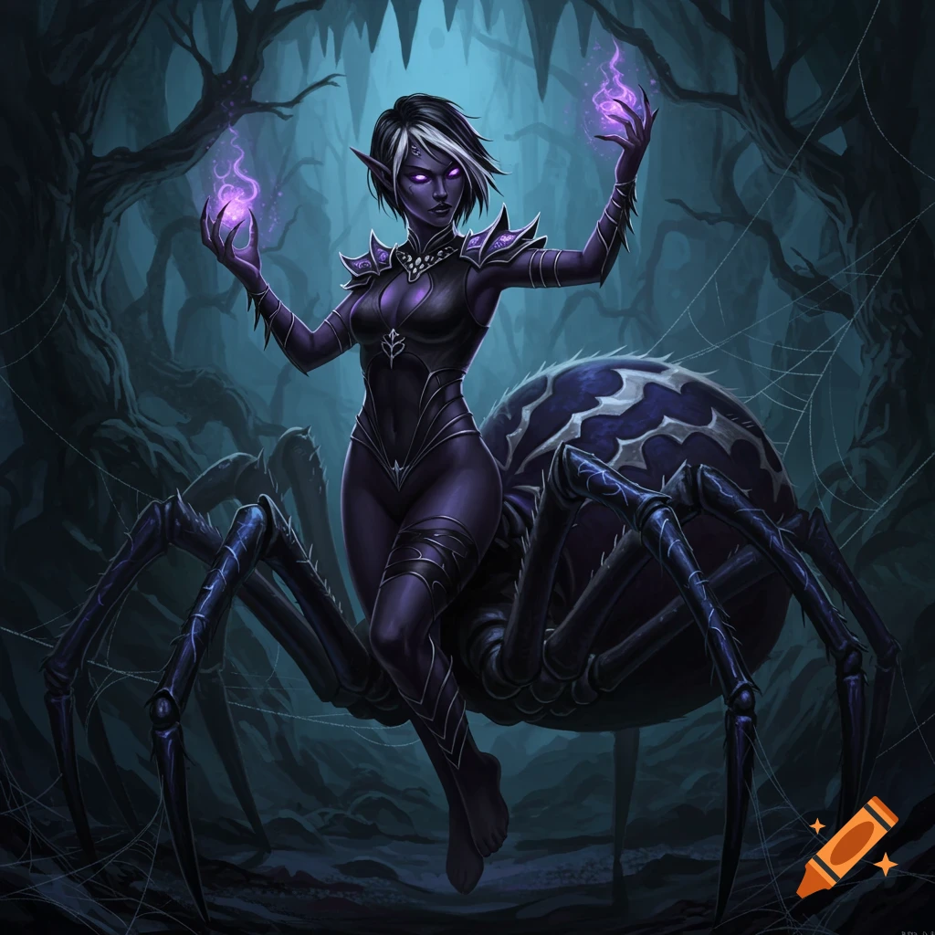 A dark fantasy illustration of a female drow drider with a pixie cut ...