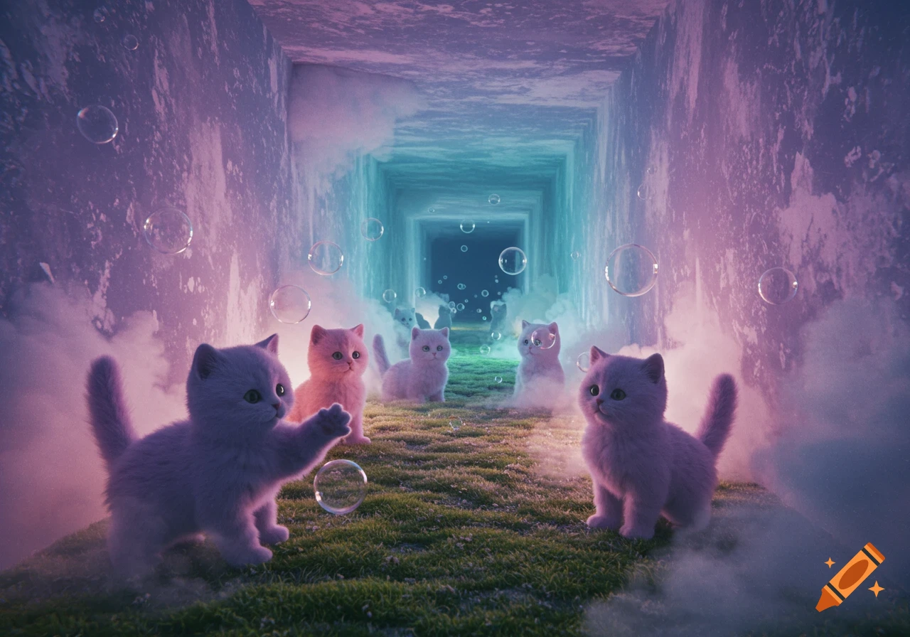 A group of fluffy pastel-colored kittens playing with bubbles in a purple and blue dreamcore liminal space.