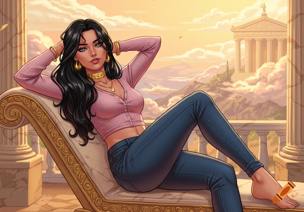 A woman with long black hair in a pink crop top and jeans relaxes on a golden lounger, overlooking a classical temple at sunset in comic art style.