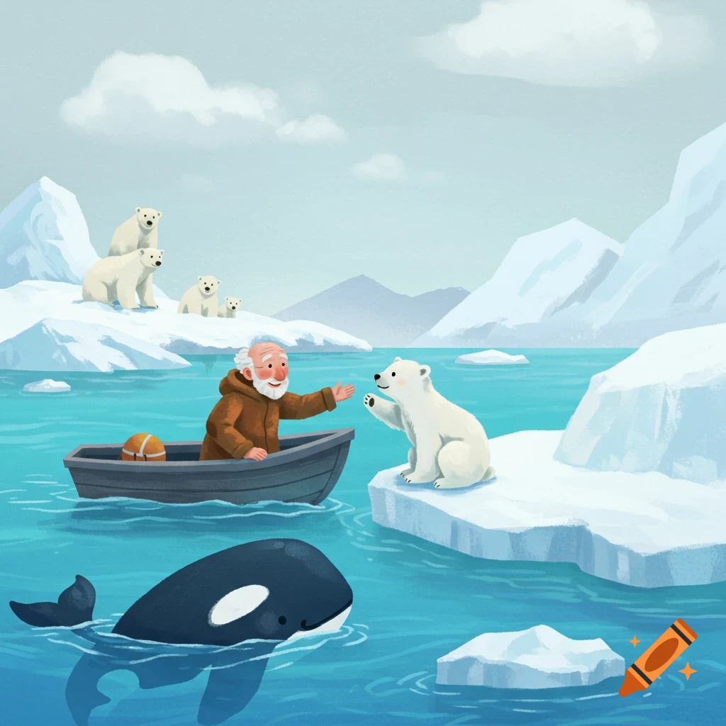 Children's illustration of an old man in a boat in arctic waters, reaching out to a polar bear cub on an iceberg, with an orca and other bears.