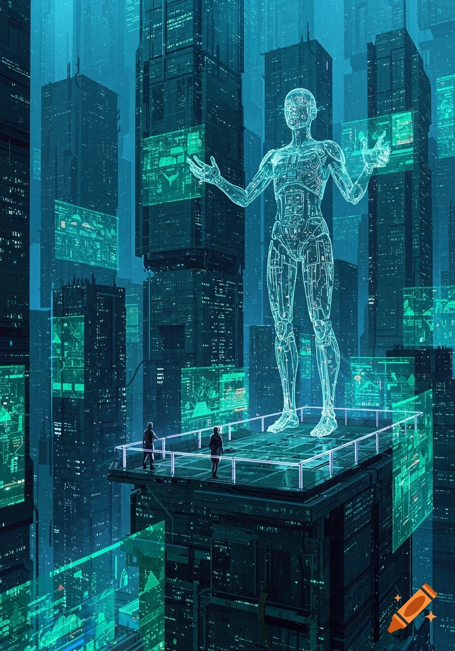 A futuristic cityscape at night with a large glowing wireframe human hologram towering over two small figures on a skyscraper rooftop, surrounded by glowing data screens.