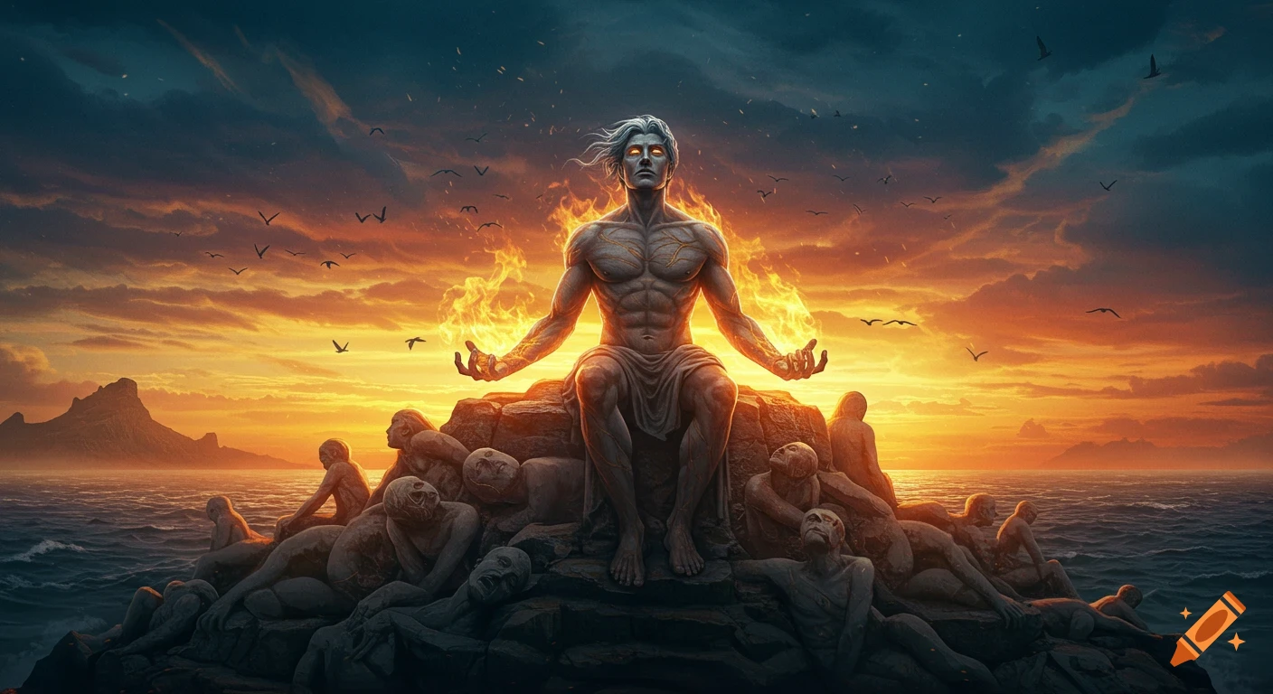 A muscular, god-like figure with fiery hands sits atop a mound of stone bodies overlooking the ocean at sunset in a cinematic fantasy style.