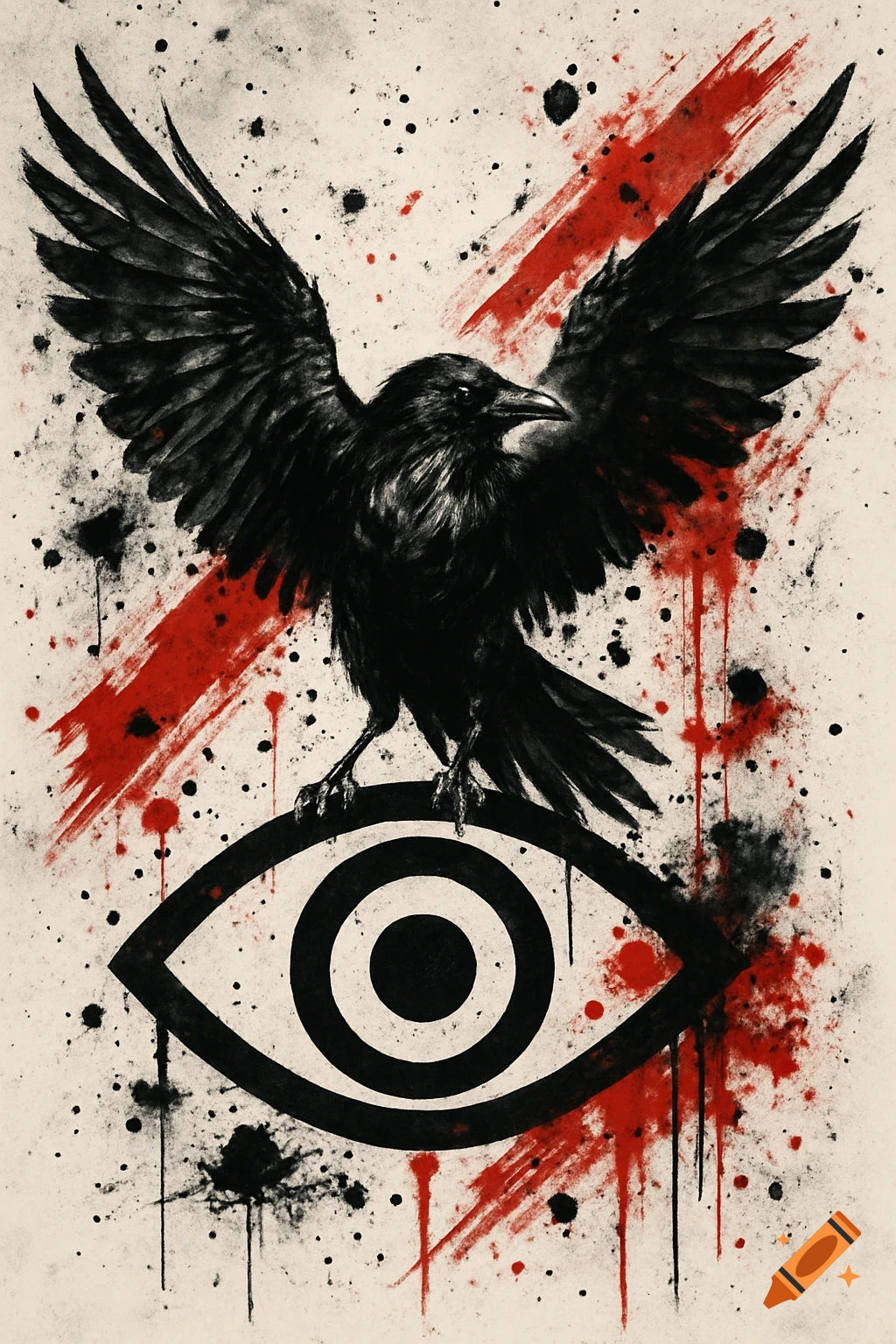 A stylized black raven with spread wings stands on a black and white eye logo, surrounded by red and black paint splatters in a trash polka art style.
