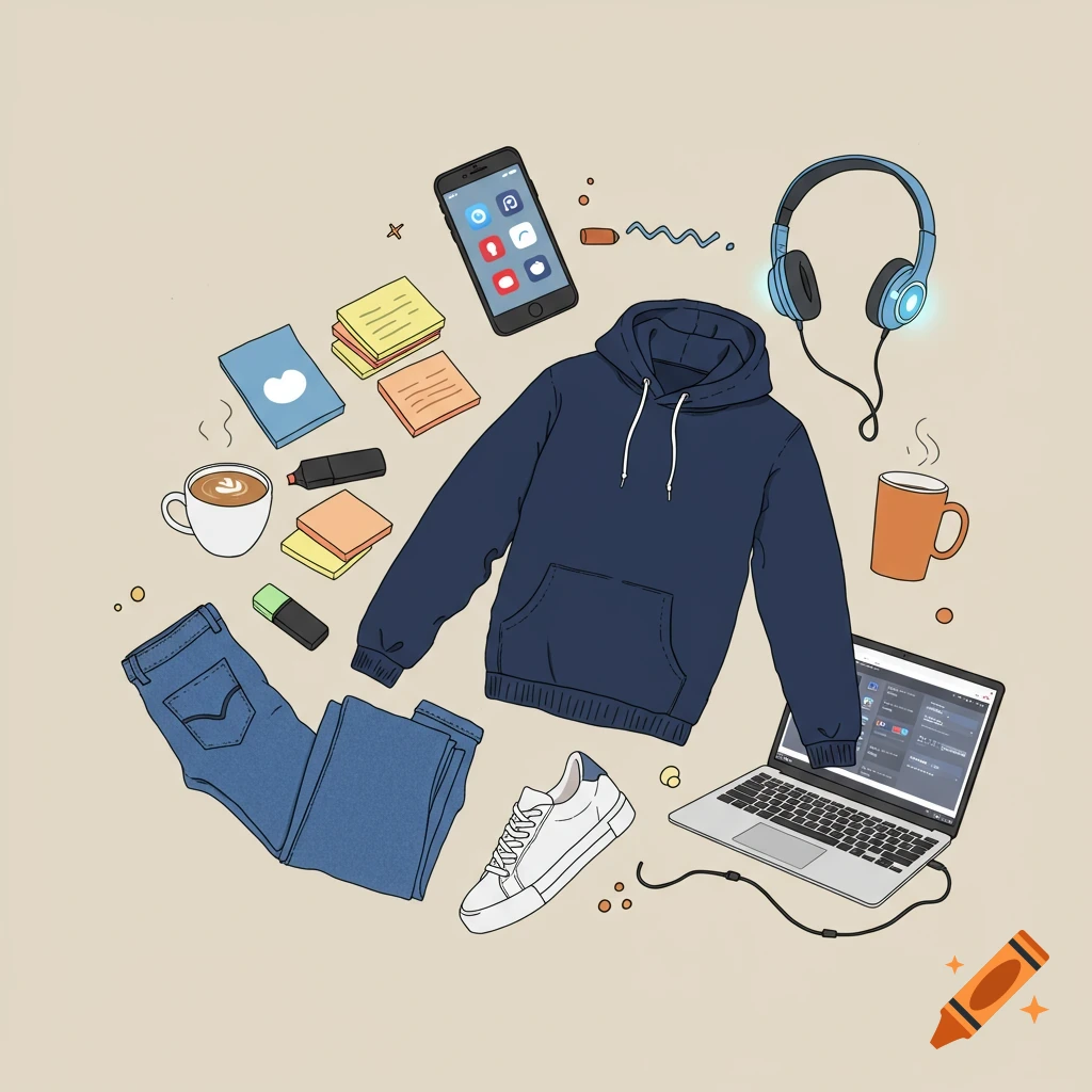 An illustration of a flat lay with a blue hoodie, jeans, white sneakers, a smartphone, blue headphones, a laptop, coffee, books, and sticky notes.