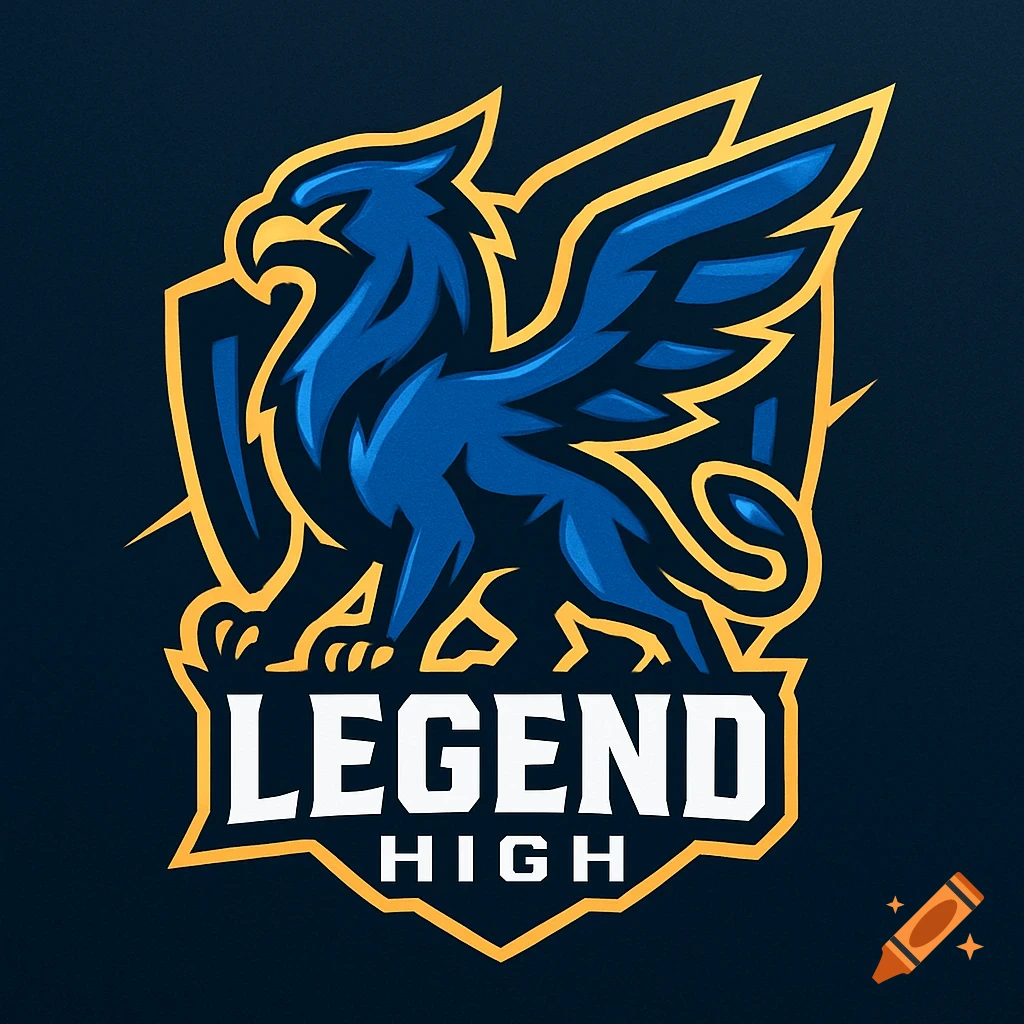 A blue and gold griffon logo for 'Legend High' esports team, featuring the creature standing on text with a shield background.