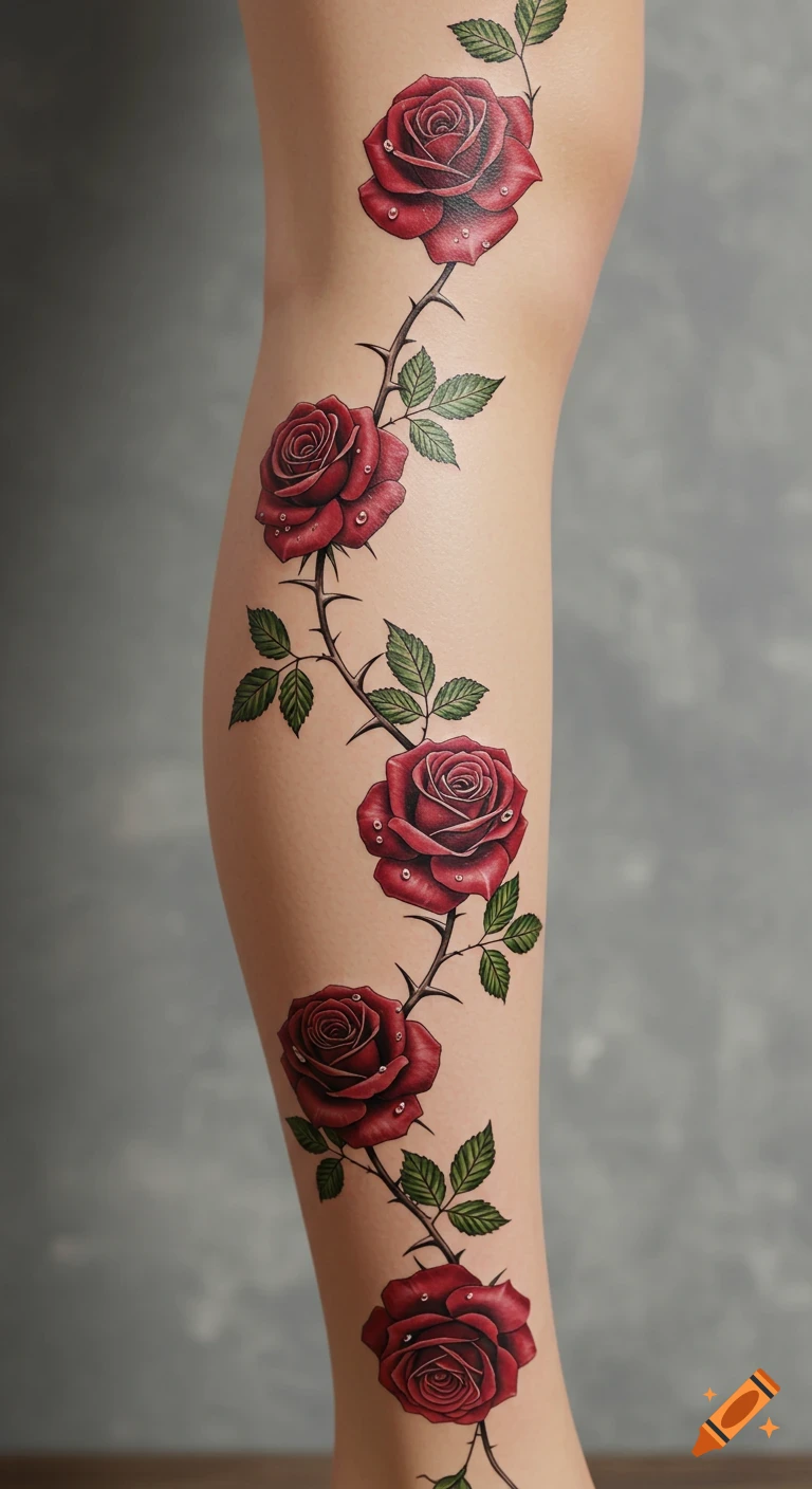 A detailed tattoo of red roses, thorns, and green leaves winding up a person's leg, with water droplets on the petals.