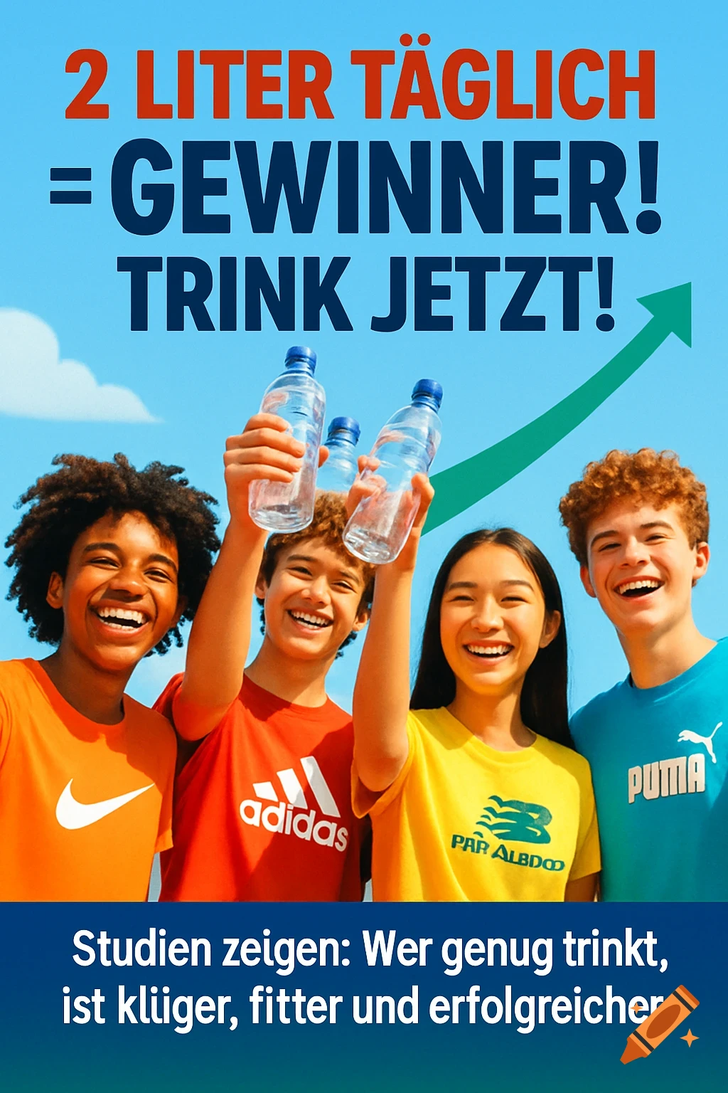 Four smiling diverse teenagers in sportswear hold up water bottles. Above them, text reads "2 Liter täglich = Gewinner! Trink jetzt!" with an upward arrow. Below them, text reads "Studien zeigen: Wer genug trinkt, ist klüger, fitter und erfolgreicher." Photorealistic style.
