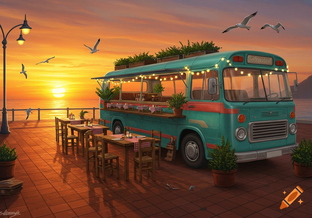 Teal and red food bus converted into a restaurant with outdoor seating on a tiled patio by the ocean at sunset, with seagulls flying.