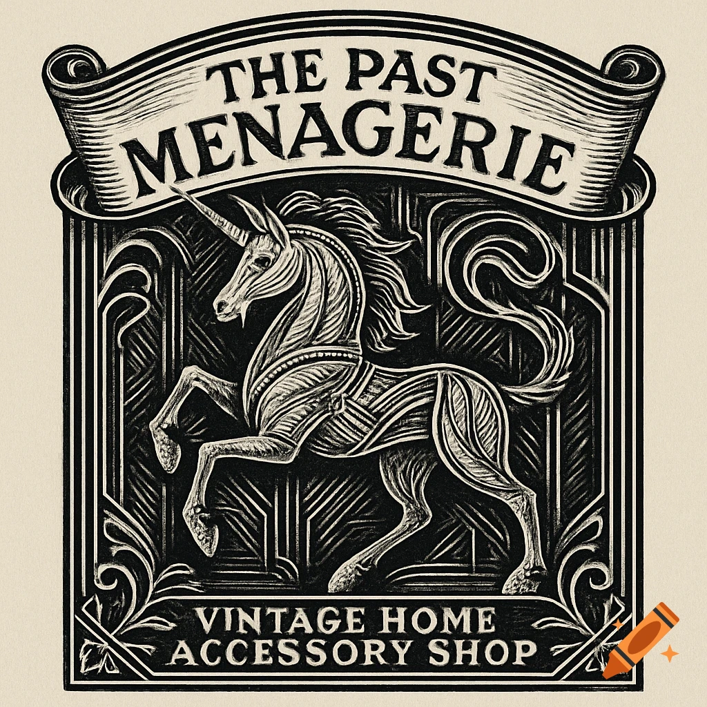 Art deco etching style logo for "The Past Menagerie, Vintage Home Accessory Shop" featuring a majestic unicorn.