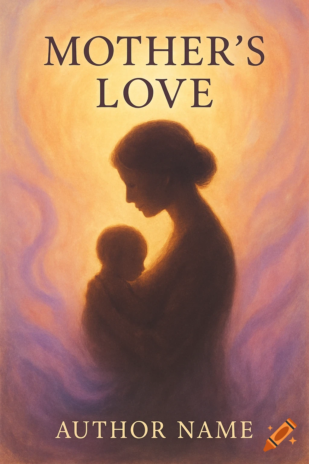 A painterly image of a mother holding a baby in silhouette against a warm, glowing background, with text 'MOTHER'S LOVE' and 'AUTHOR NAME'.