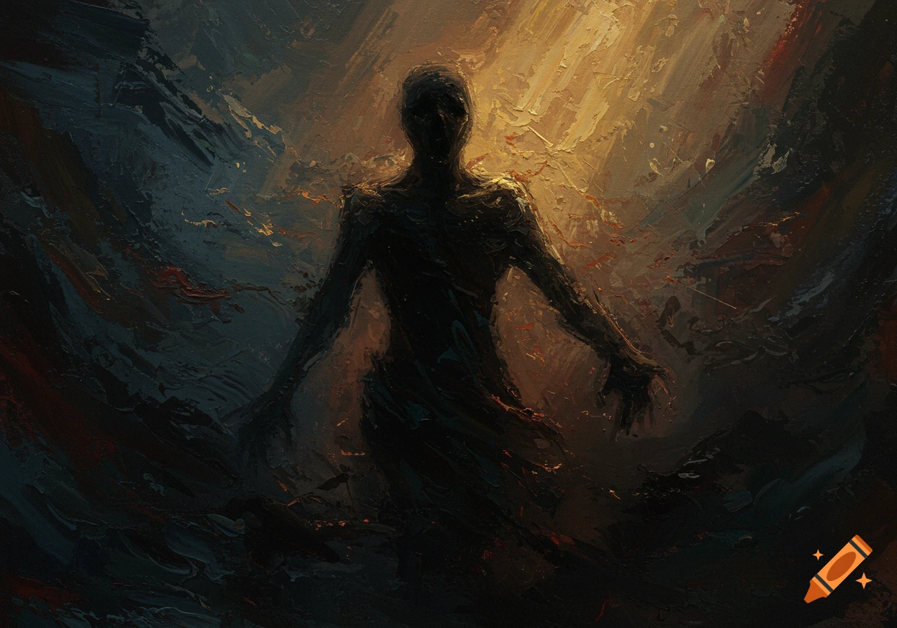 Abstract expressionistic oil painting of a dark, shadowy figure with outstretched arms, bathed in golden light against dark blue and gray strokes.