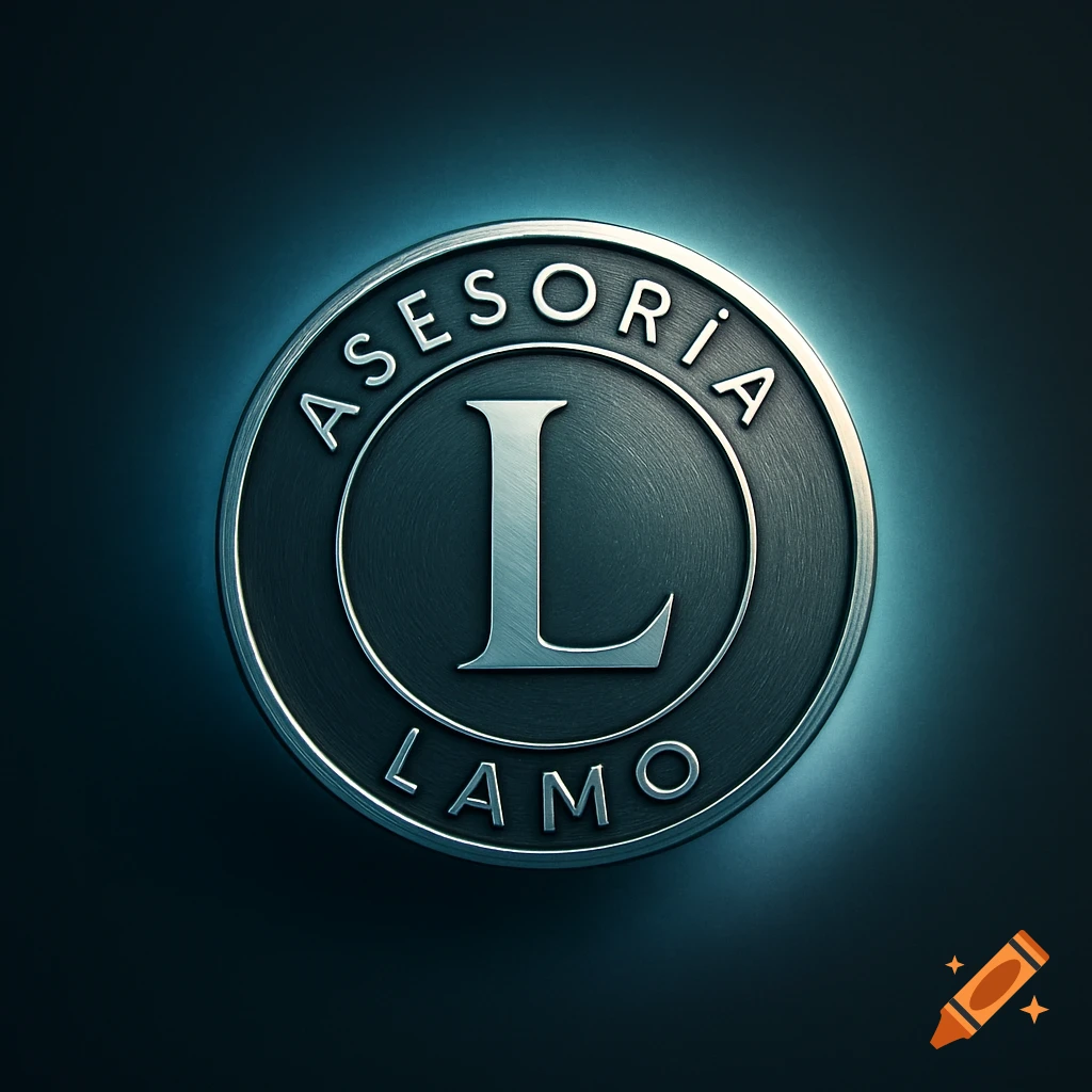 Metallic coin-like logo with a large 'L' in the center, 'ASESORIA' on top, and 'LAMO' on the bottom, glowing with a blue aura.