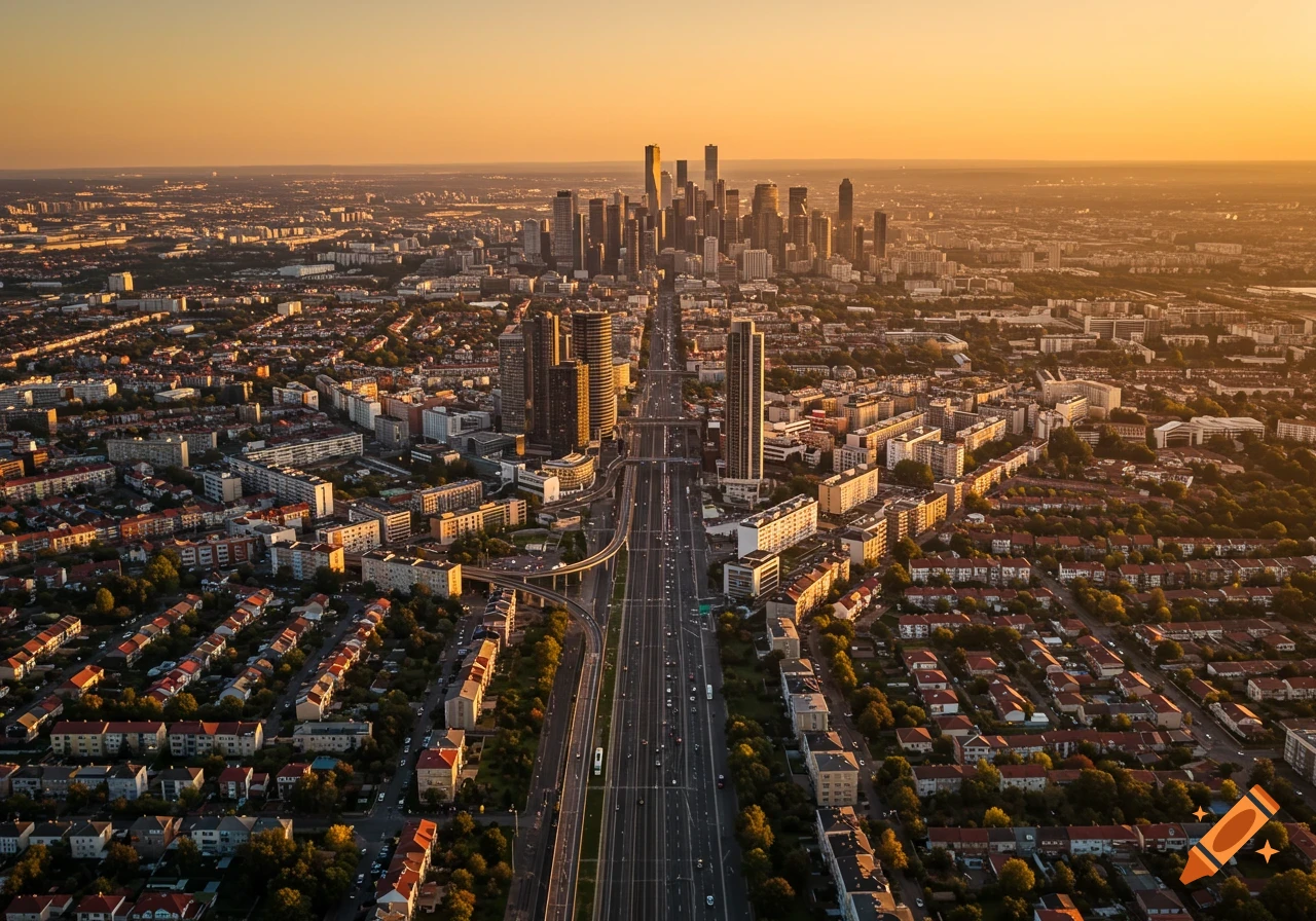 Aerial view of a sprawling city at sunset, featuring a central business district skyline, highway, and residential areas.