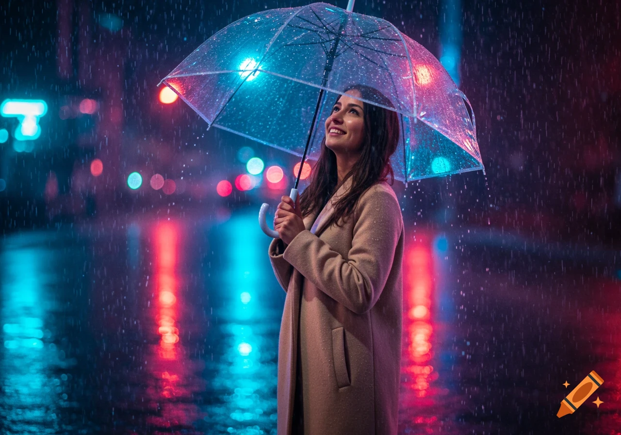 A young woman in a beige coat smiles, holding a transparent umbrella on a rainy city street at night with neon reflections.