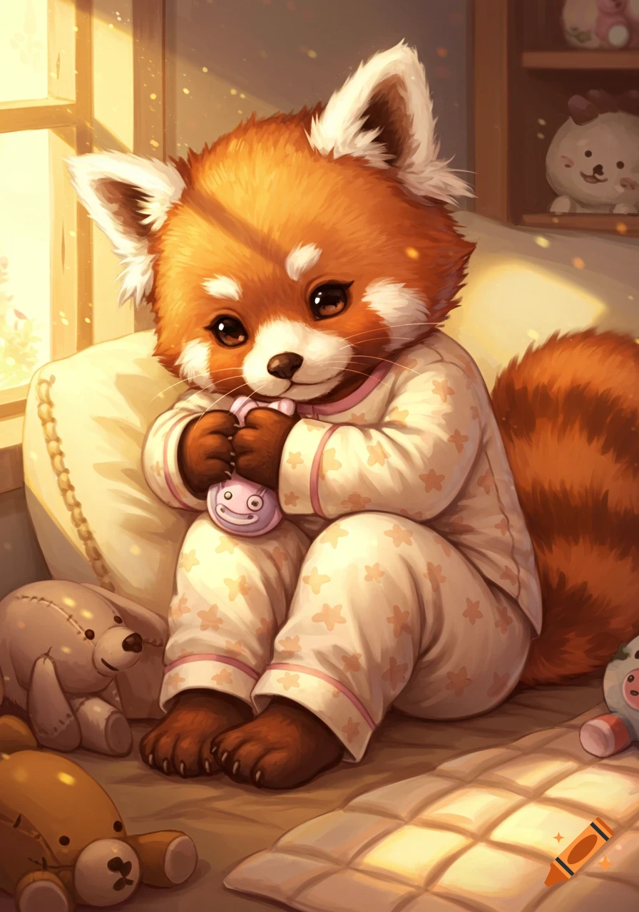 A cute anime red panda in star-patterned pajamas sits, cuddling a toy by a sunlit window with other stuffed animals.