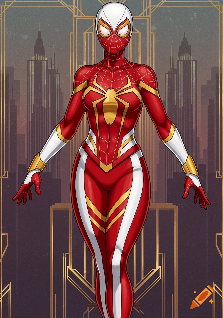 Spider-Woman in red, white, and gold Art Deco suit against a cityscape of stylized skyscrapers.