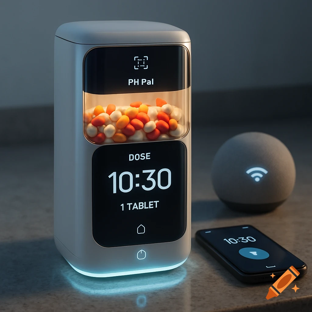 A smart medication dispenser with a screen showing time and dose, colorful pills, next to a smart speaker and smartphone.