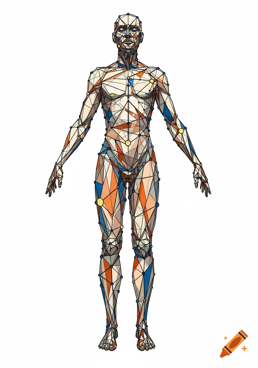 A full-body illustration of a human figure composed of intersecting geometric shapes and lines, with colors of white, orange, and blue, against a white background.