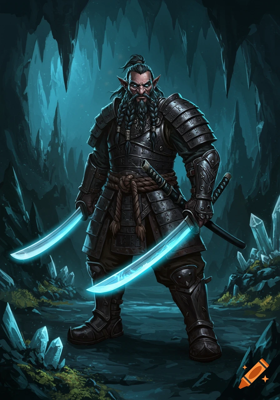 A Duergar samurai with a braided beard dual-wields glowing blue katanas in a dark, crystal-filled cave. Digital art.
