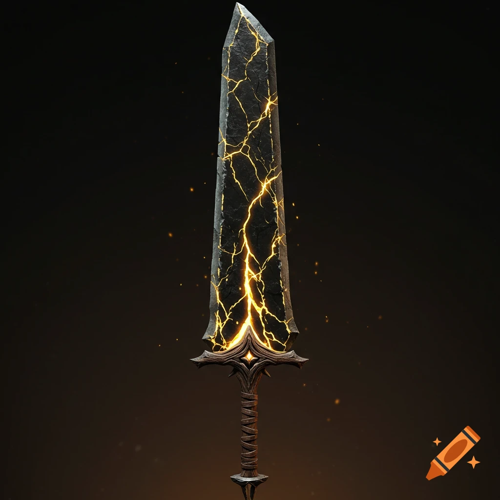 A dark onyx greatsword with glowing golden lightning-like veins, standing upright on a dark background with subtle embers.