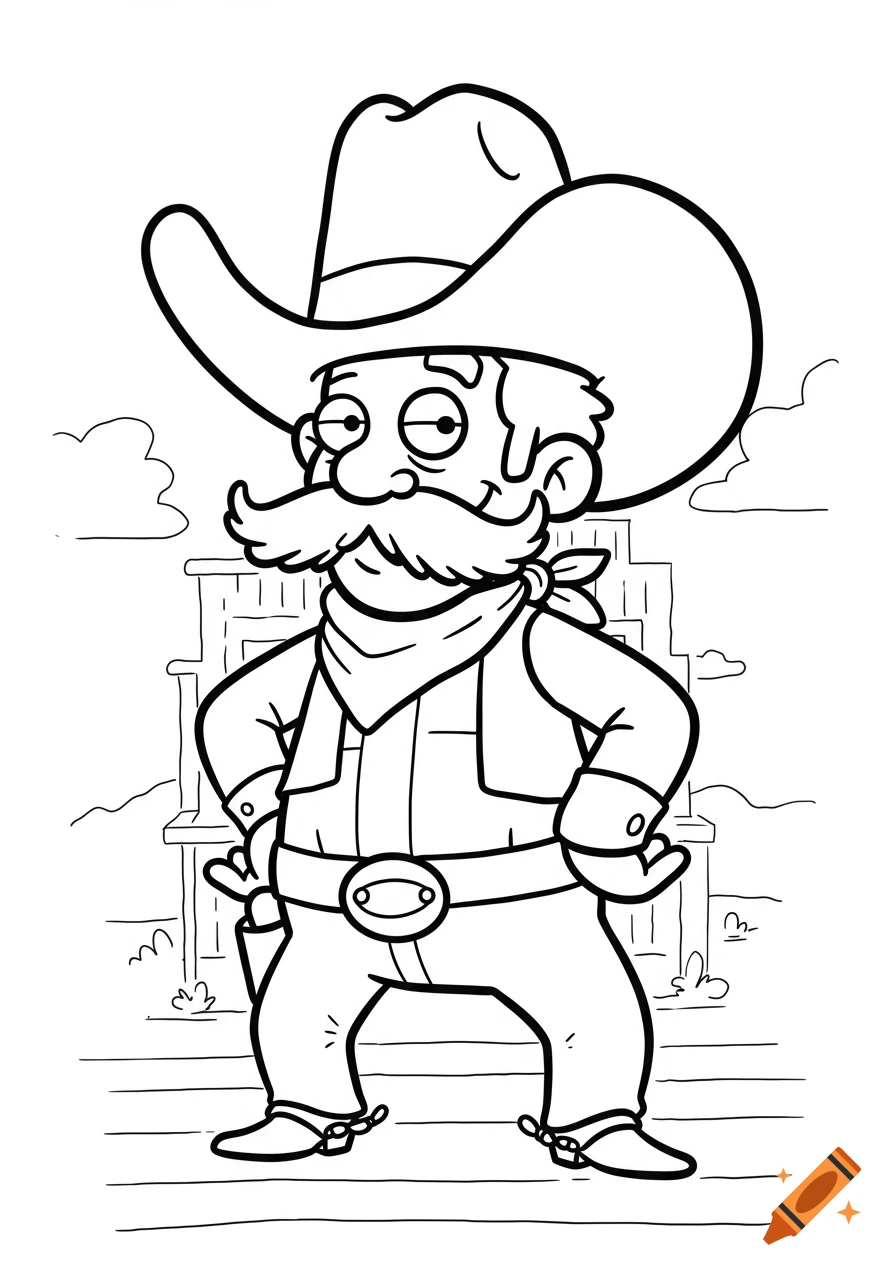 A black and white cartoon coloring page of a cowboy with a large mustache and hat, hands on hips.