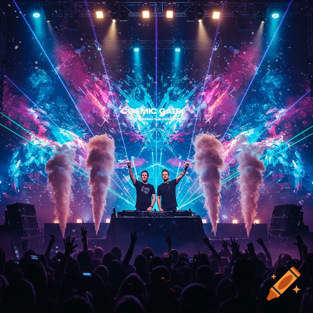 Two DJs, Cosmic Gate, on stage at a vibrant concert with hands raised, facing a large crowd amidst colorful laser lights and smoke effects.