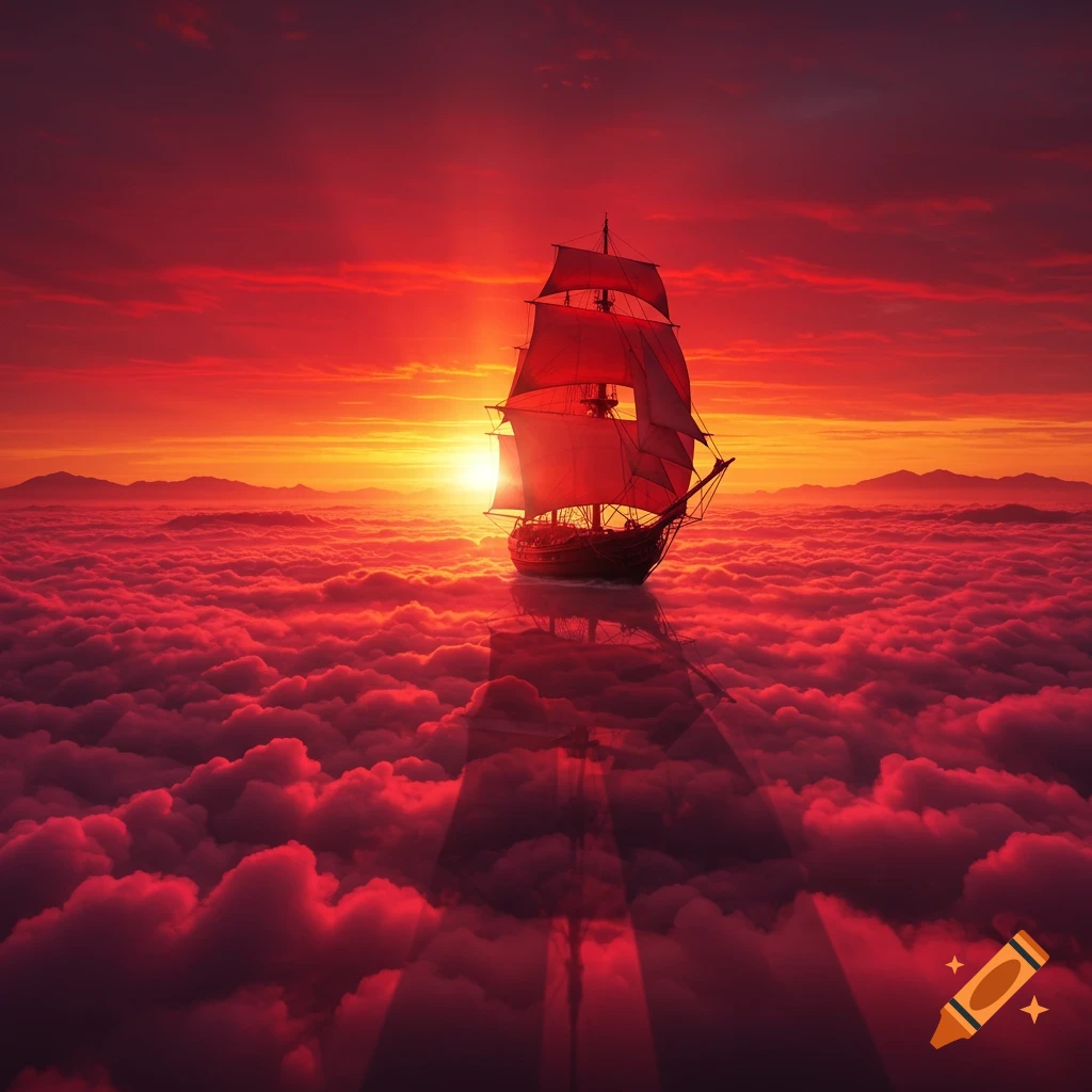 A fantasy ship with red sails flies over a crimson cloudscape at a vibrant red and orange sunset, with distant mountains.