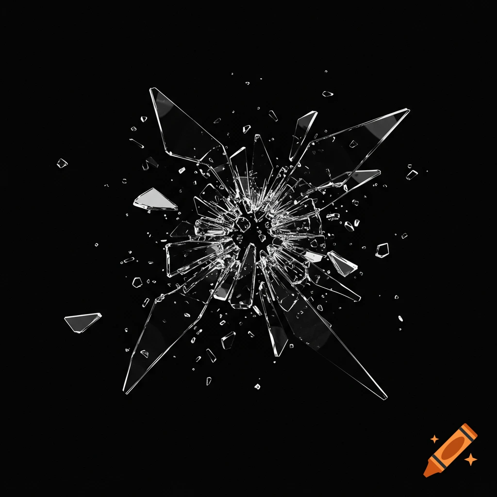Shattered glass exploding outwards from a central point against a black background.