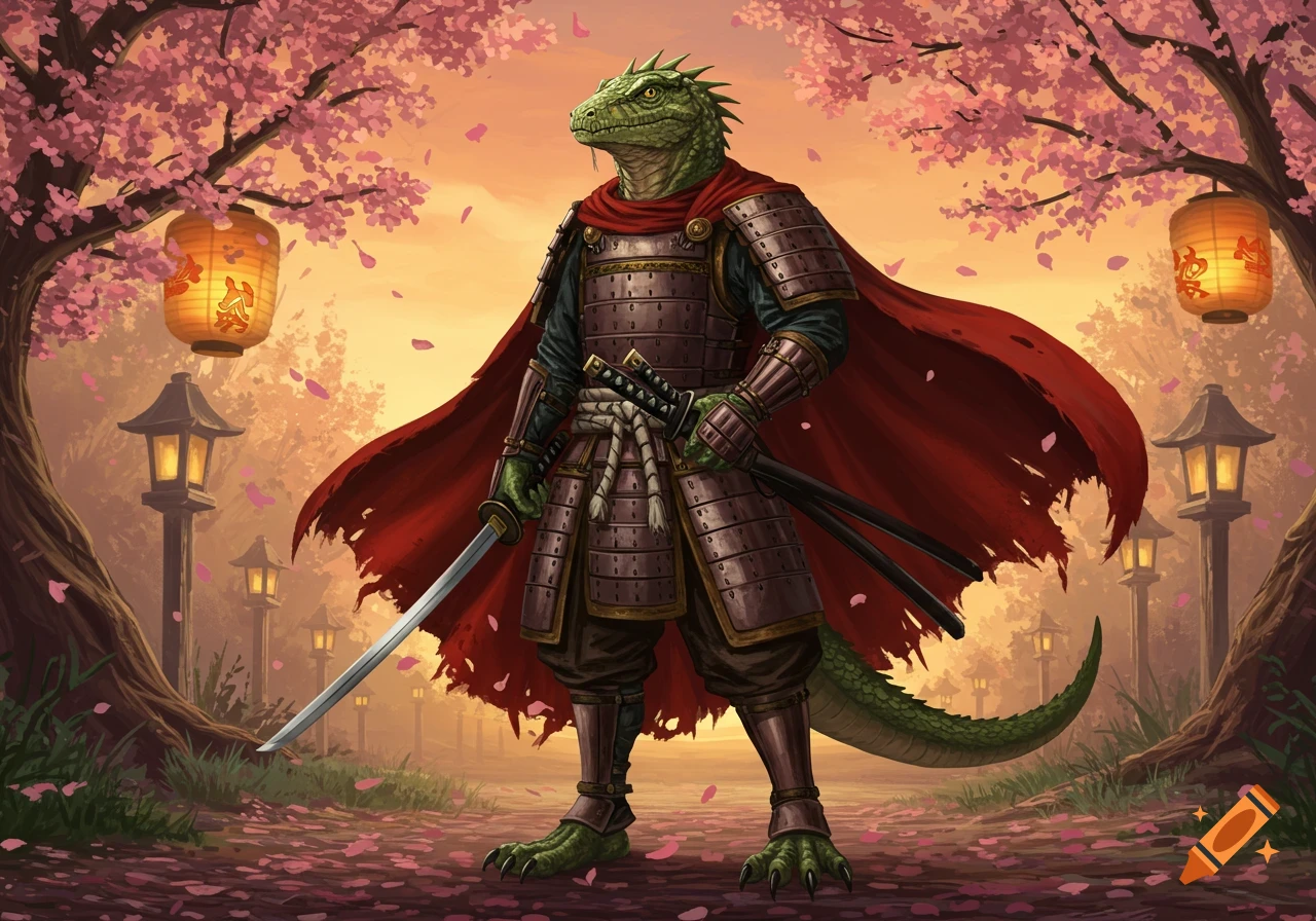 A green lizard samurai in brown armor and a red cape stands with two katanas on a path under pink cherry blossom trees and glowing lanterns.