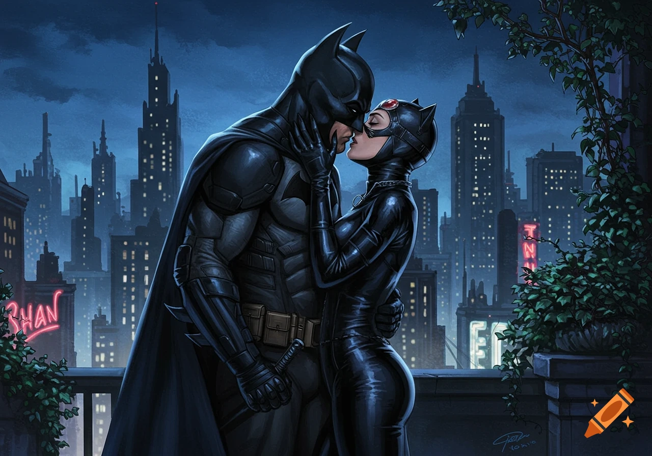 Batman and Catwoman embrace and kiss on a rooftop at night, with a dark, sprawling city skyline, in a comic book art style.