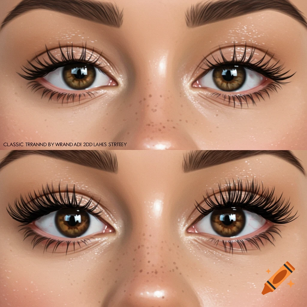 Close-up illustration of two pairs of brown eyes with long, dark false eyelashes, showing different styles. The skin has a subtle glow and light freckles.