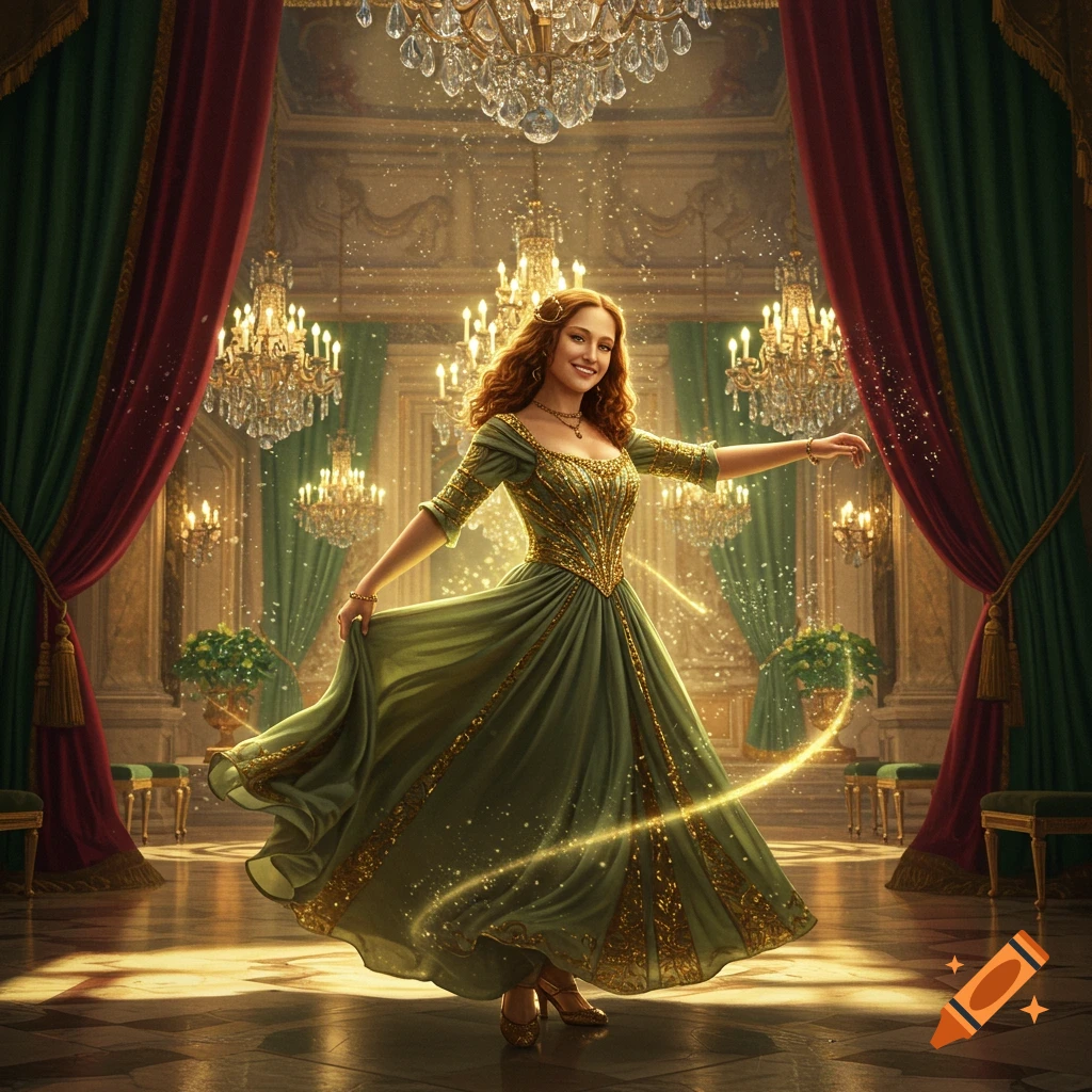 A red-haired woman in a flowing green and gold gown dances gracefully in a sparkling, opulent ballroom with chandeliers.