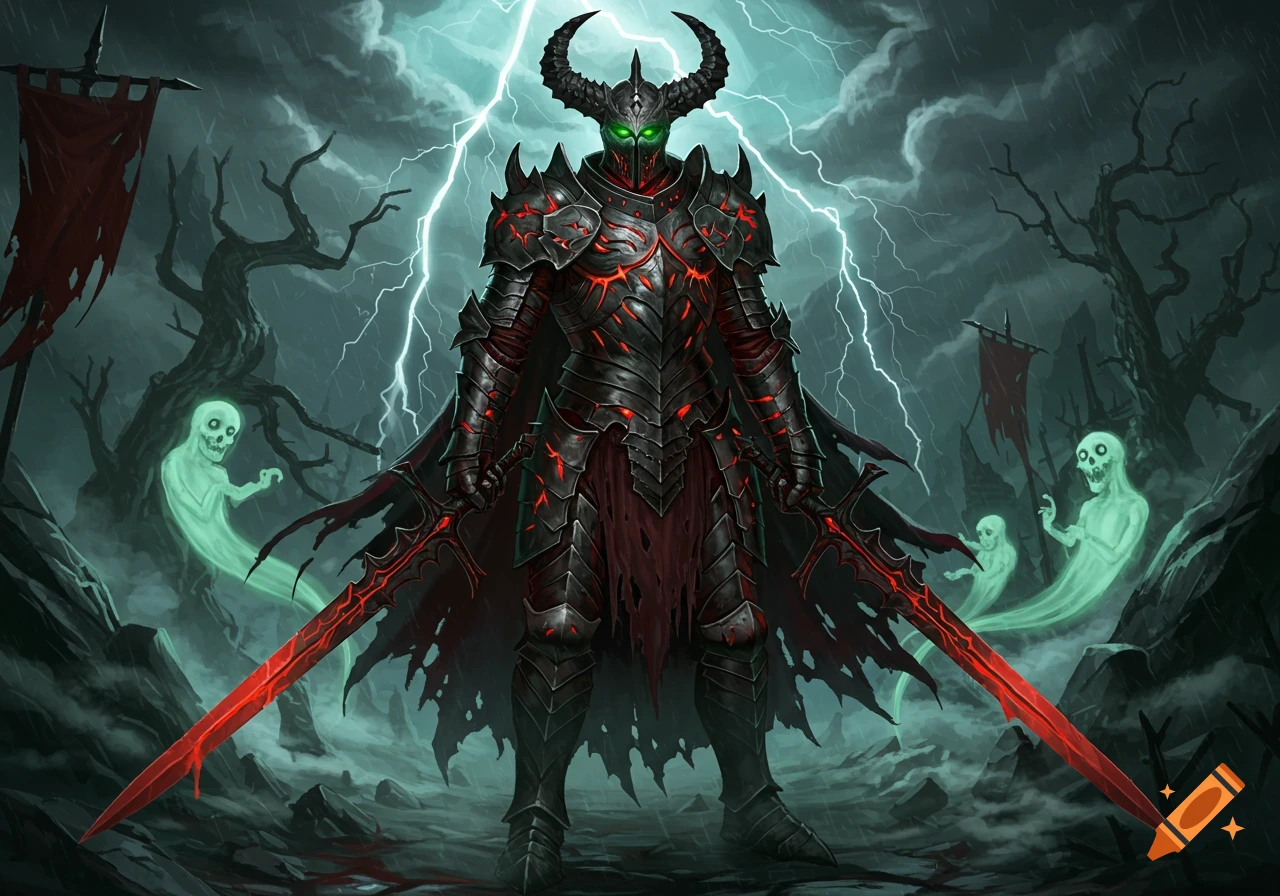 A dark armored knight with horns and glowing green eyes stands in a ...