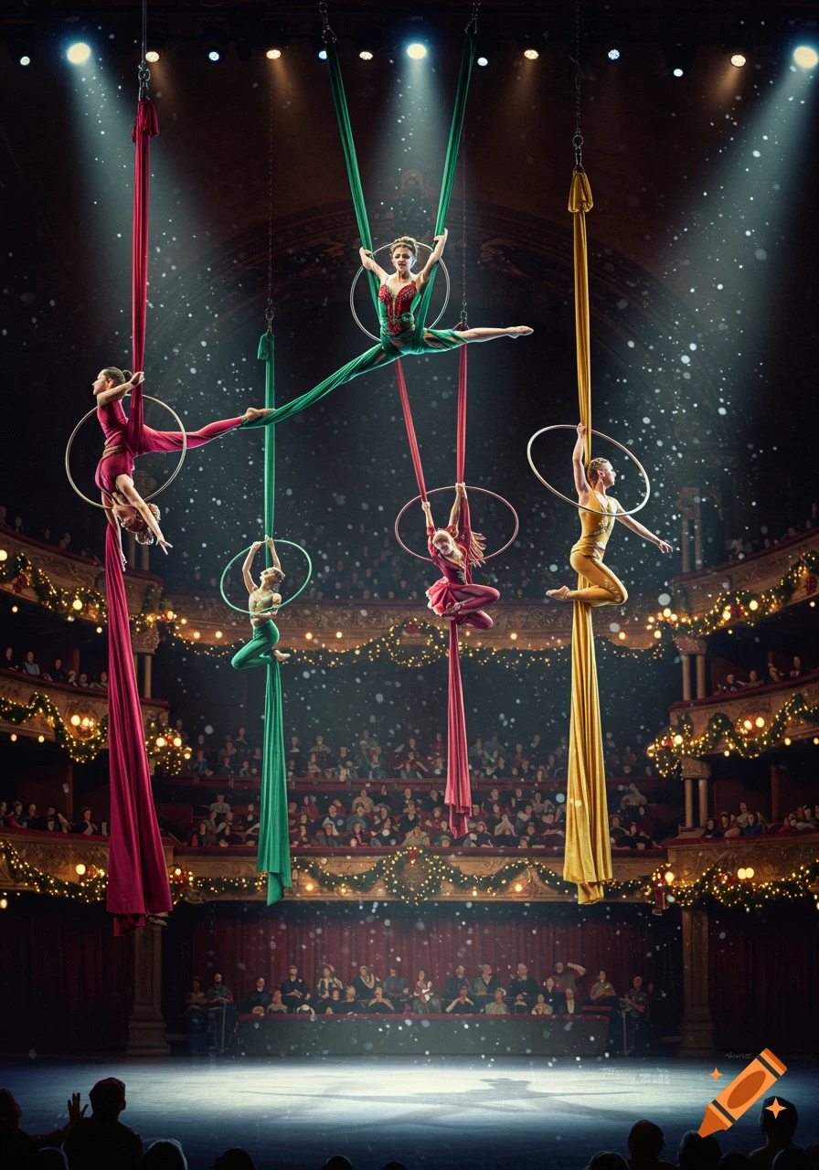 Acrobats perform aerial dance on red, green, and gold silks and hoops on a festive Christmas theater stage.
