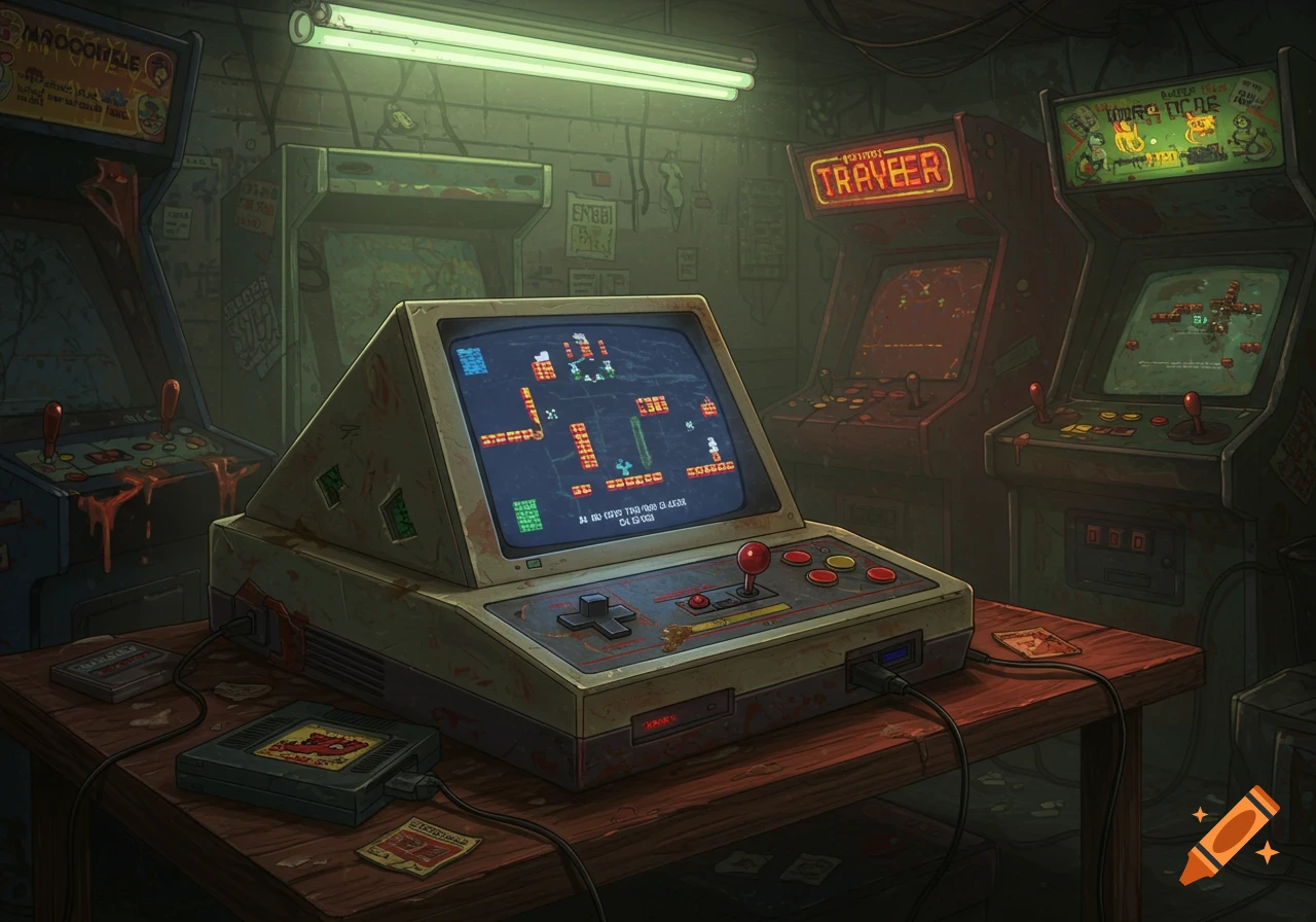An old, grungy arcade room features a central console playing a pixelated game, surrounded by several standing arcade machines with damaged controls and flickering screens.