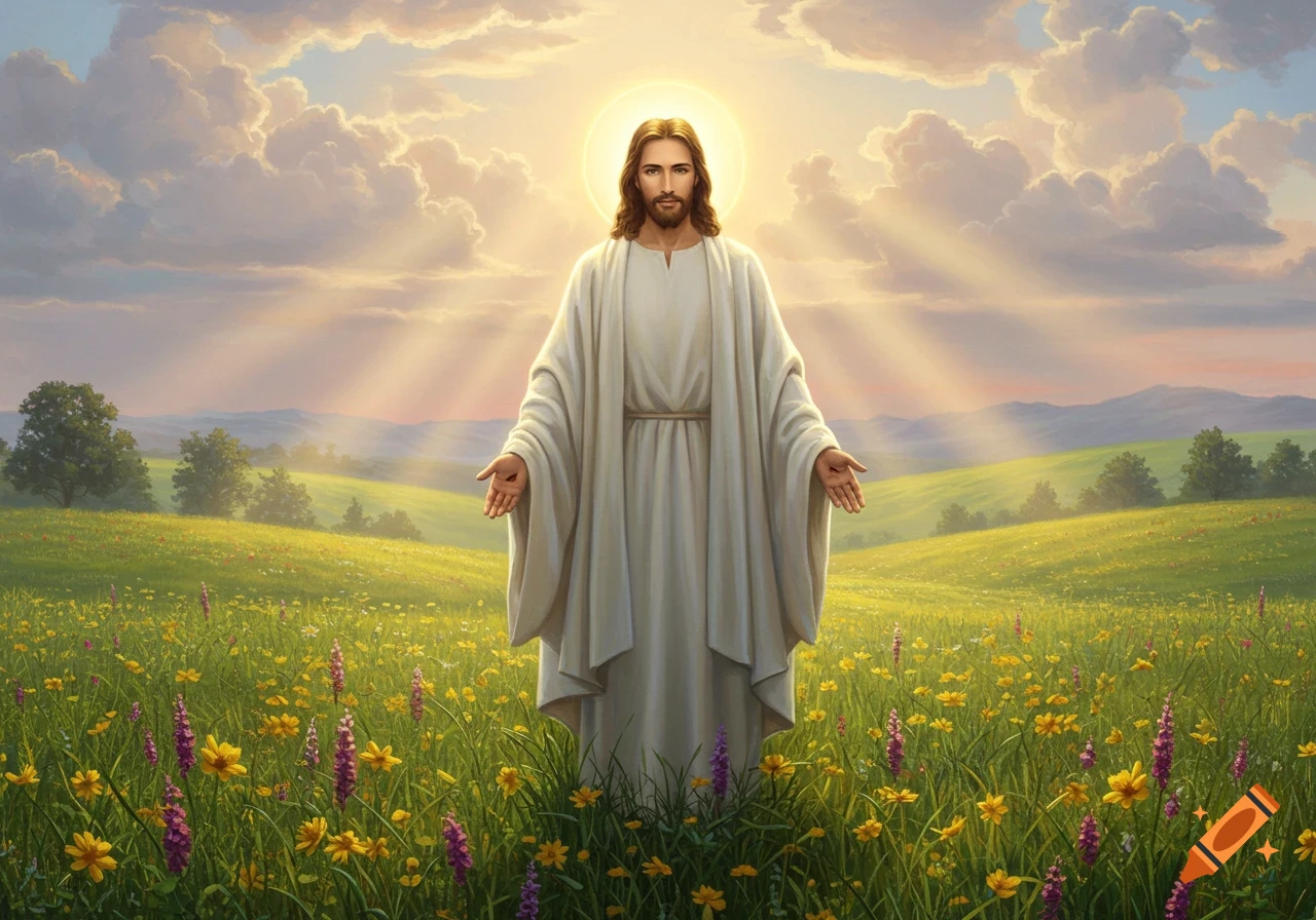 Jesus stands in a sunny field of wildflowers with arms outstretched, bathed in divine light from a cloudy sky.